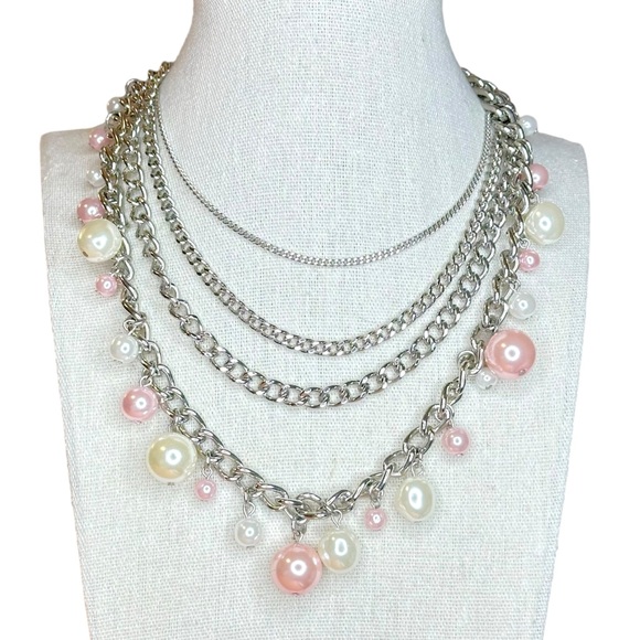 Y2K Vintage Iridescent Baby Pink & Ivory Faux Pearl Multi Strand Chain Necklace - Picture 1 of 4
